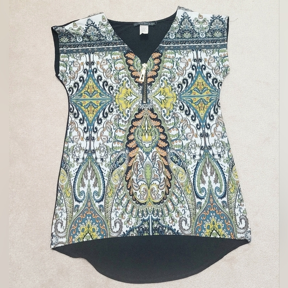 Coco Bianco Women’s Size M Multicolor Paisley Print Zip Front Blouse Made In USA - Picture 6 of 10